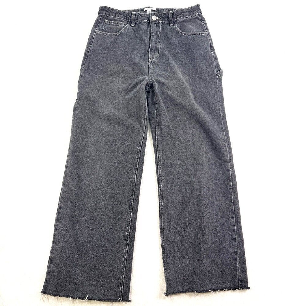 BP. Jeans Womens Size 29 Wide Leg Carpenters Pockets Black Stone Wash Raw Hem